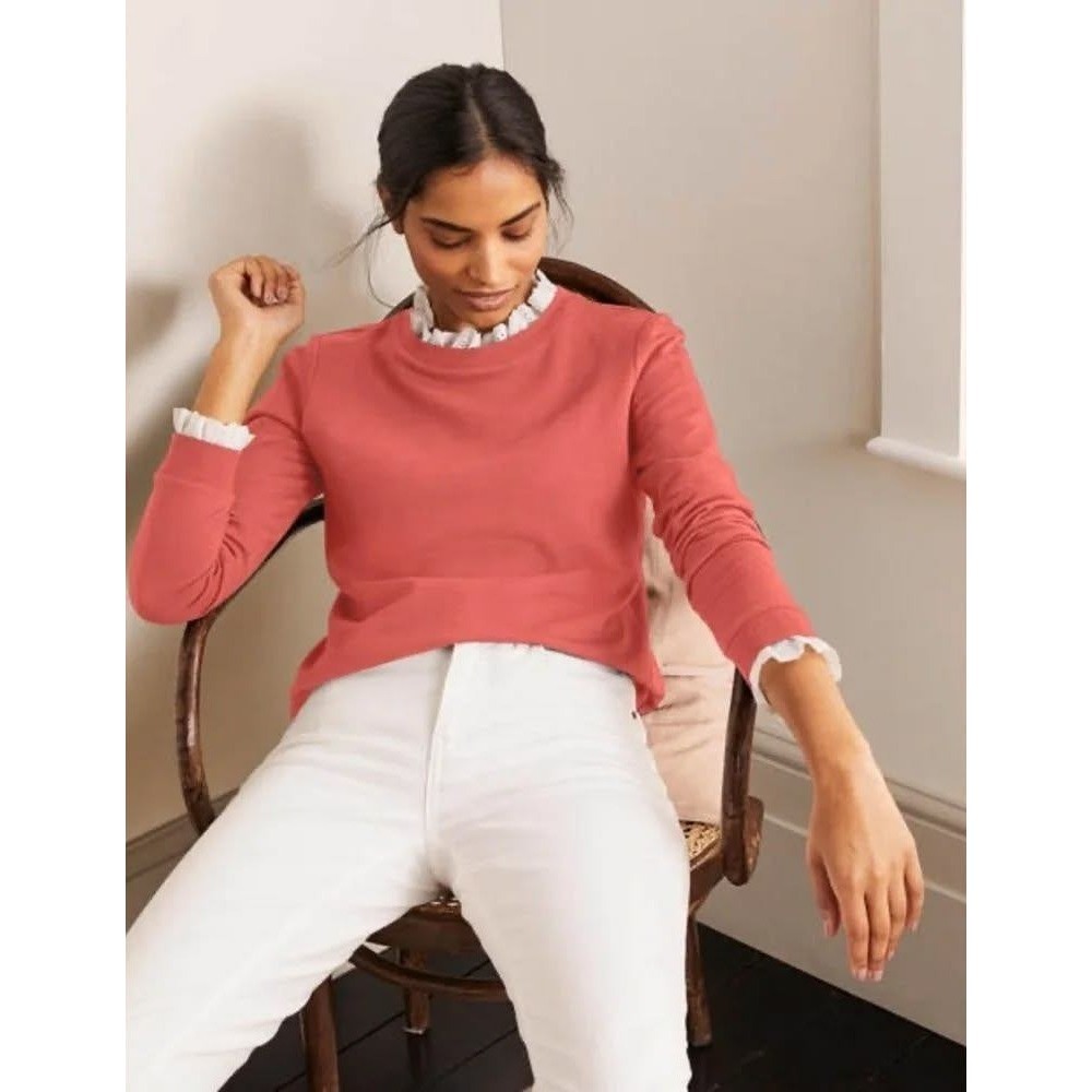 Boden Eyelet Lace Trim Sweatshirt S Ruffle Collar Cotton Cottagecore Pink